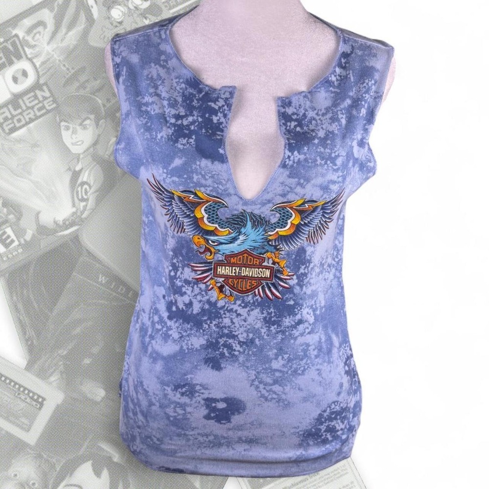 Vintage Y2K Blue Tie Dye Harley Davidson Eagle Tattoo V Neck Cami Tank Top